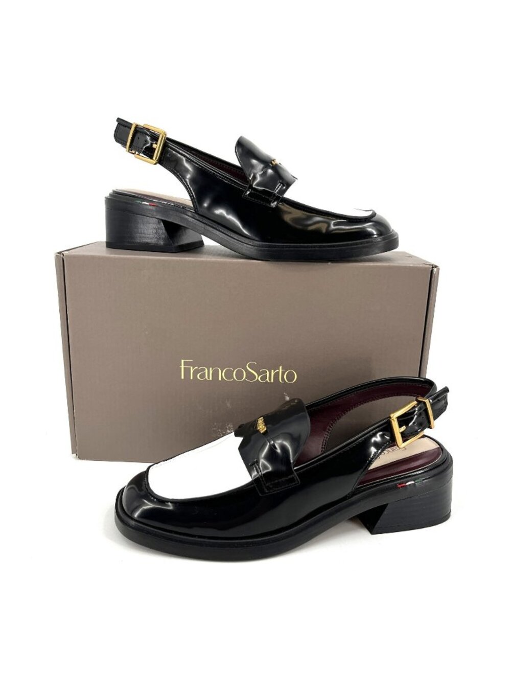 Franco Sarto Giada Slingback Loafers Black White Size 7M Square Toe Block Heel